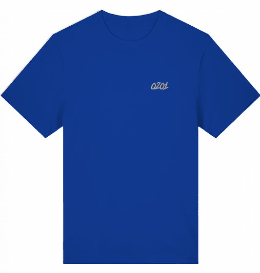Besticktes T-Shirt mit 0201-Vorwahl in Blau